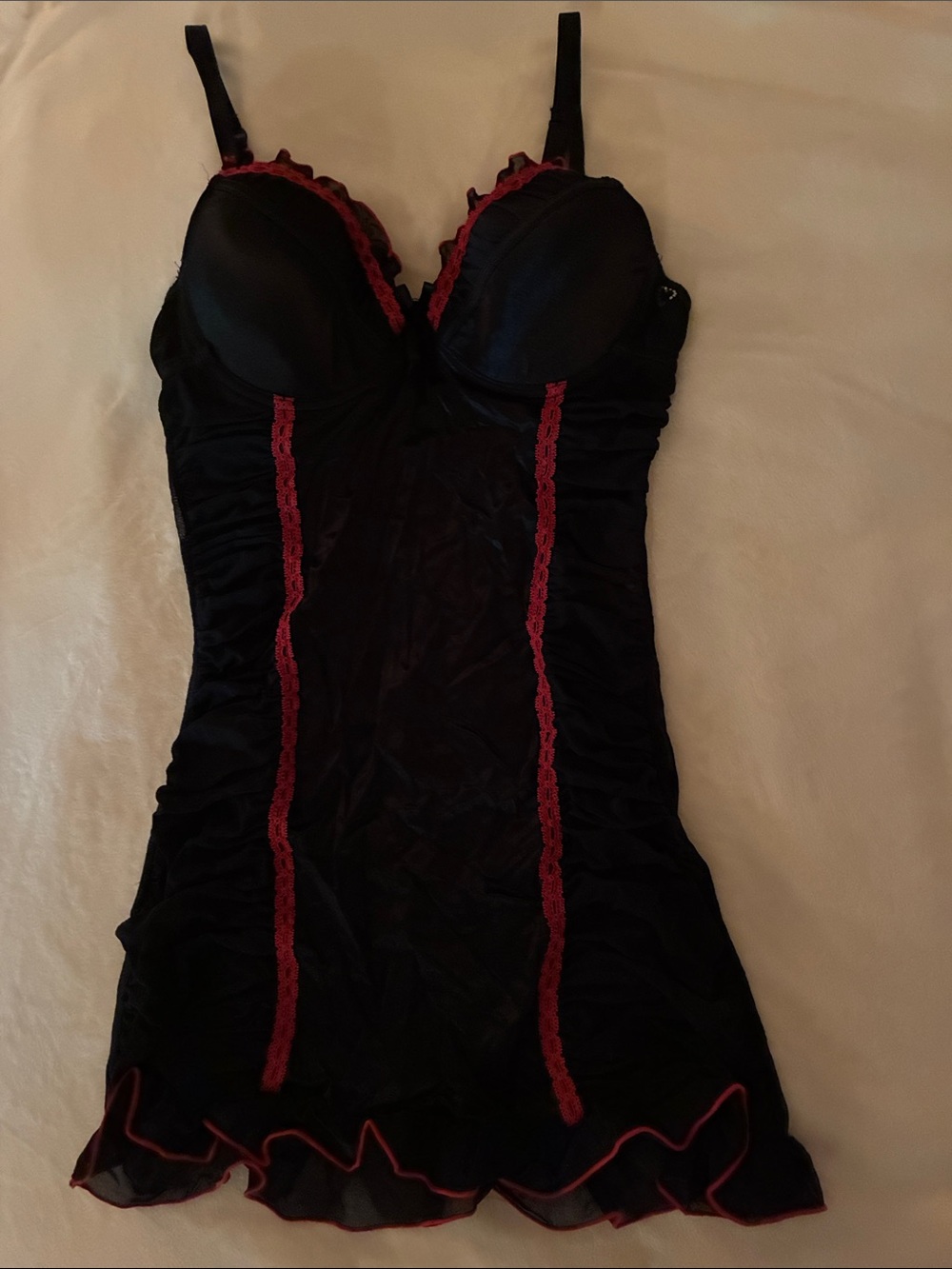 Women's Black & Red Lace Chemise Slip Dress